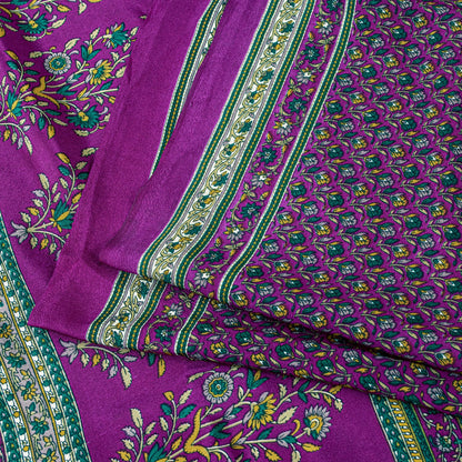 Sanskriti Vintage Craft Supplies Home Deco Purple Floral Printed Sari Moss Crepe