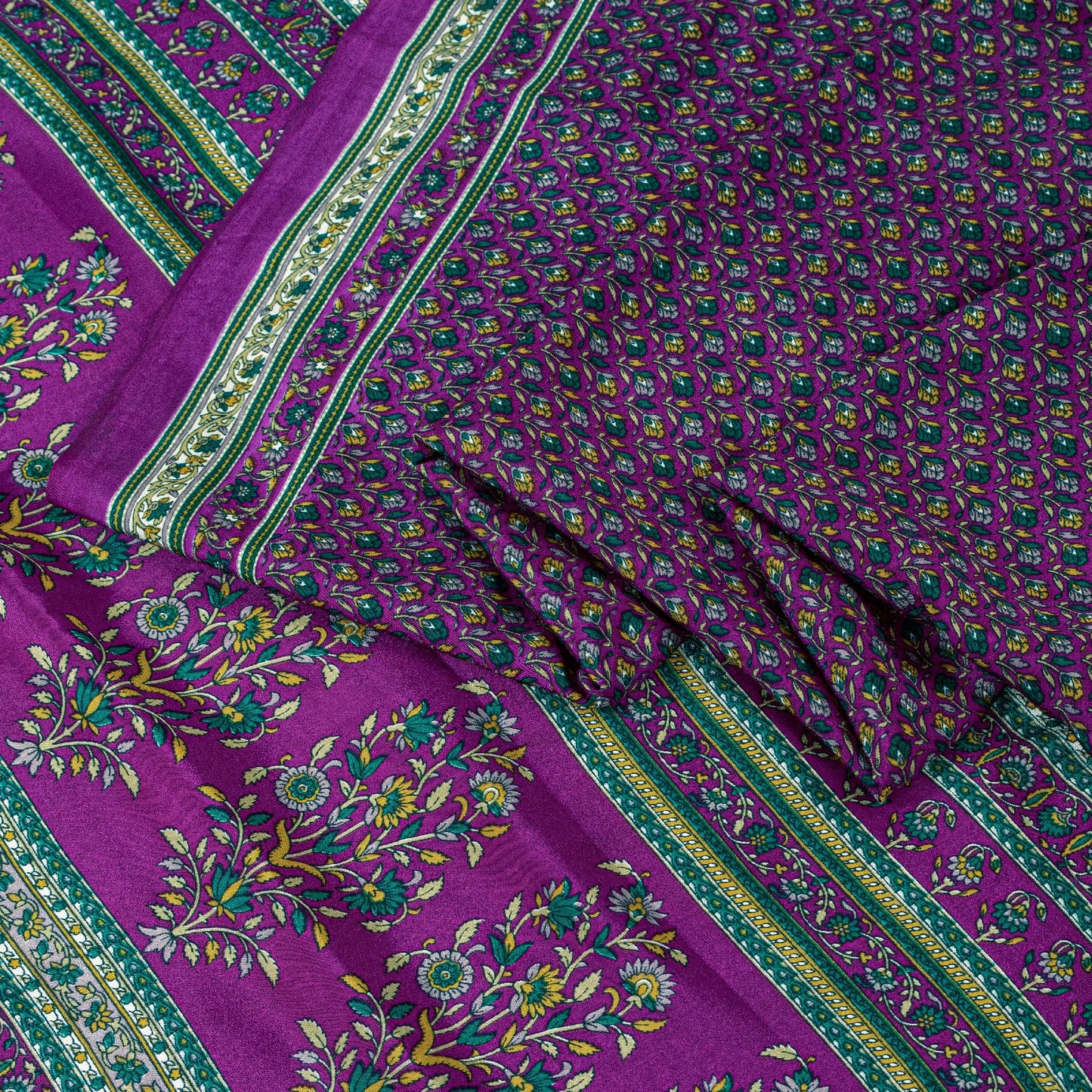 Sanskriti Vintage Craft Supplies Home Deco Purple Floral Printed Sari Moss Crepe