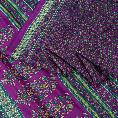Sanskriti Vintage Craft Supplies Home Deco Purple Floral Printed Sari Moss Crepe