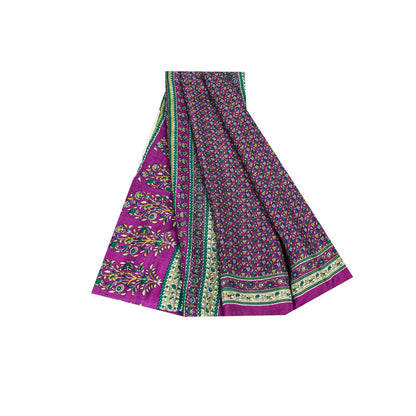 Sanskriti Vintage Craft Supplies Home Deco Purple Floral Printed Sari Moss Crepe