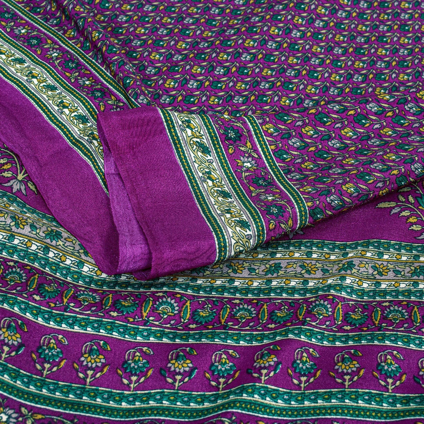 Sanskriti Vintage Craft Supplies Home Deco Purple Floral Printed Sari Moss Crepe