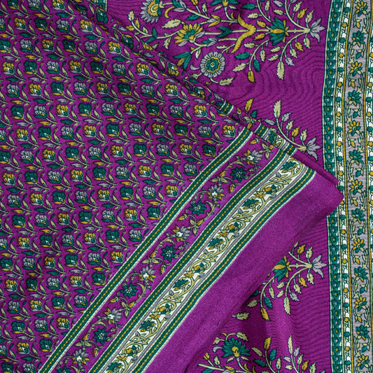 Sanskriti Vintage Craft Supplies Home Deco Purple Floral Printed Sari Moss Crepe