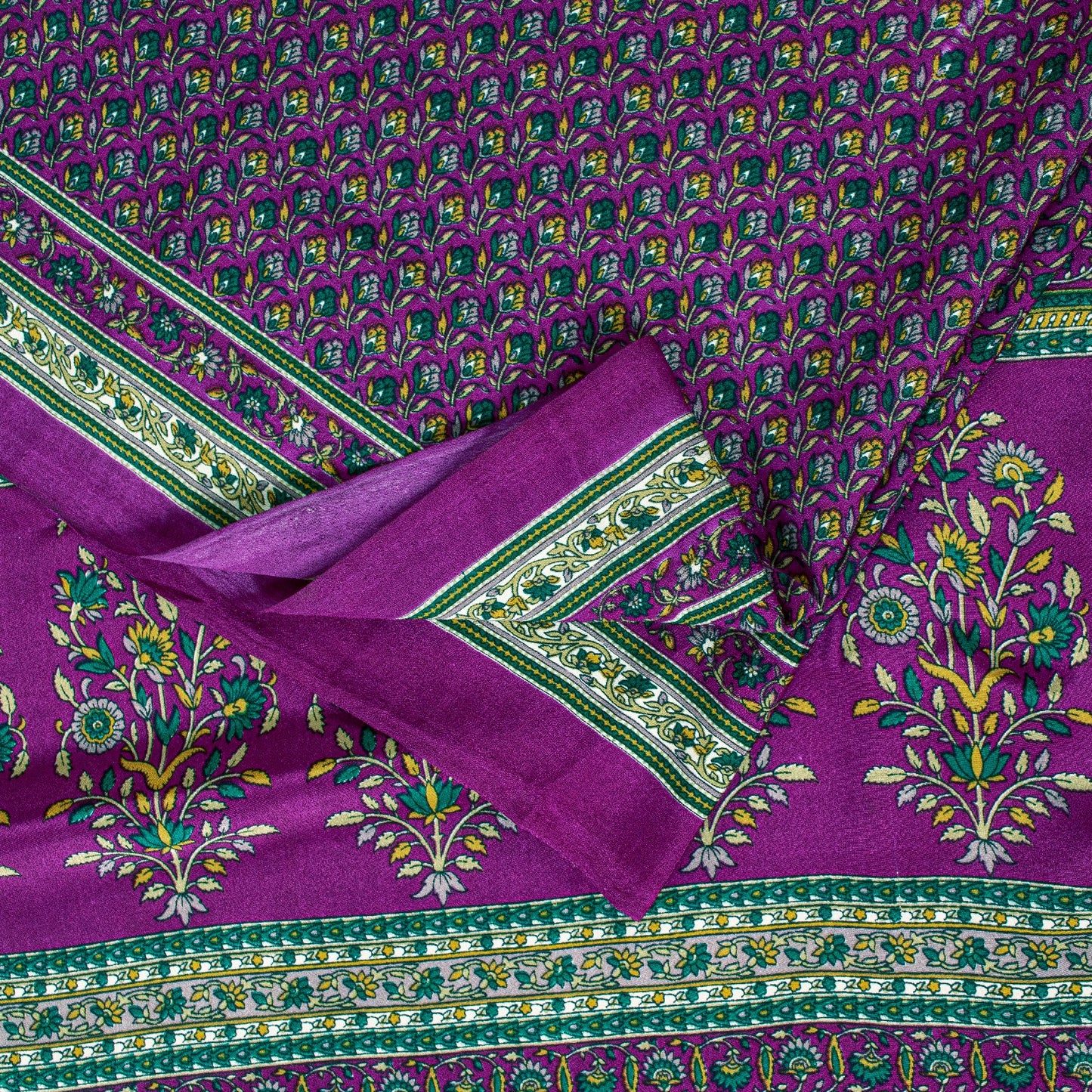 Sanskriti Vintage Craft Supplies Home Deco Purple Floral Printed Sari Moss Crepe