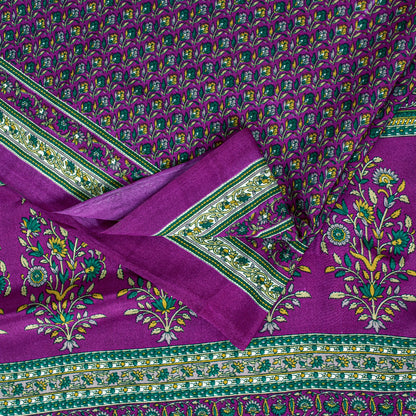 Sanskriti Vintage Craft Supplies Home Deco Purple Floral Printed Sari Moss Crepe