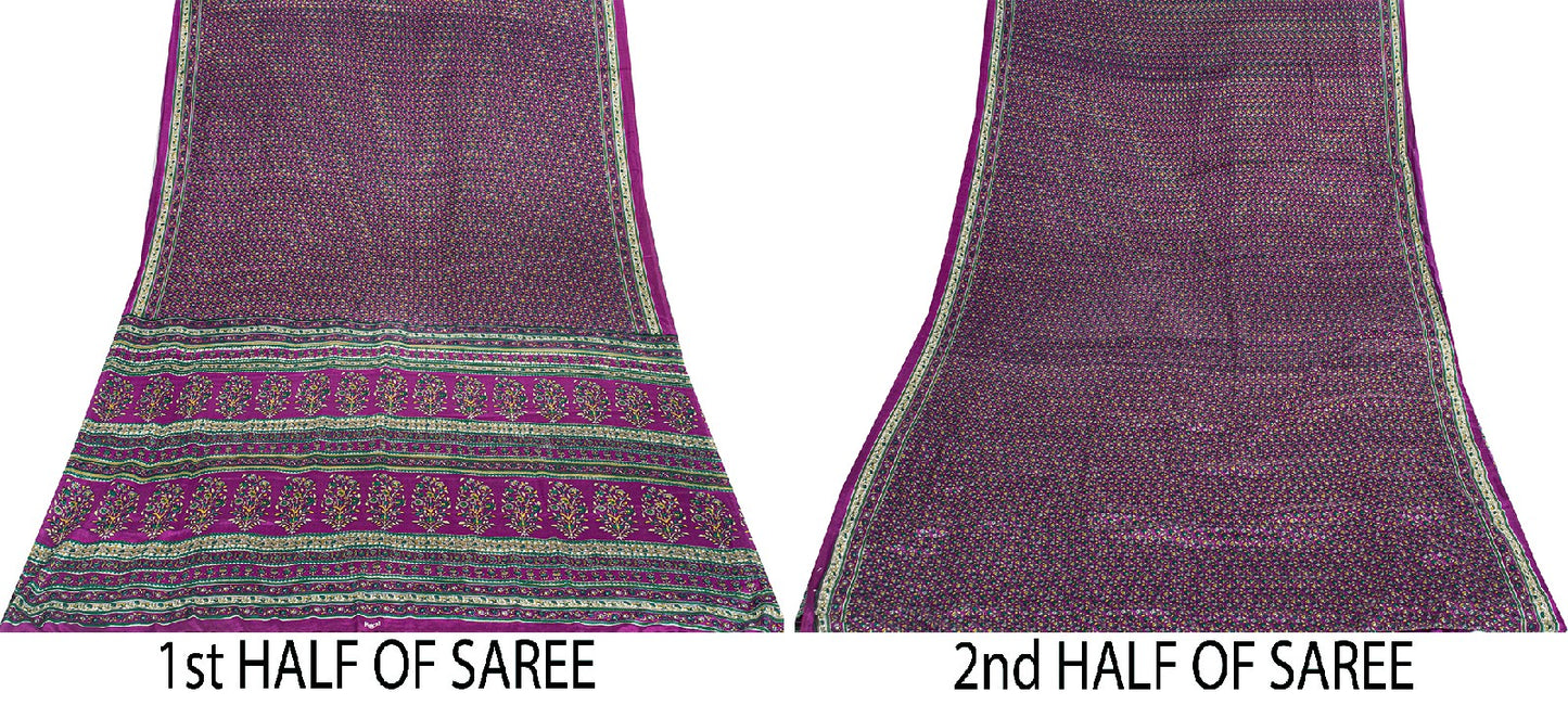 Sanskriti Vintage Craft Supplies Home Deco Purple Floral Printed Sari Moss Crepe