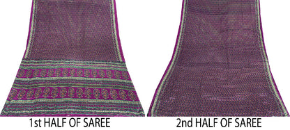 Sanskriti Vintage Craft Supplies Home Deco Purple Floral Printed Sari Moss Crepe
