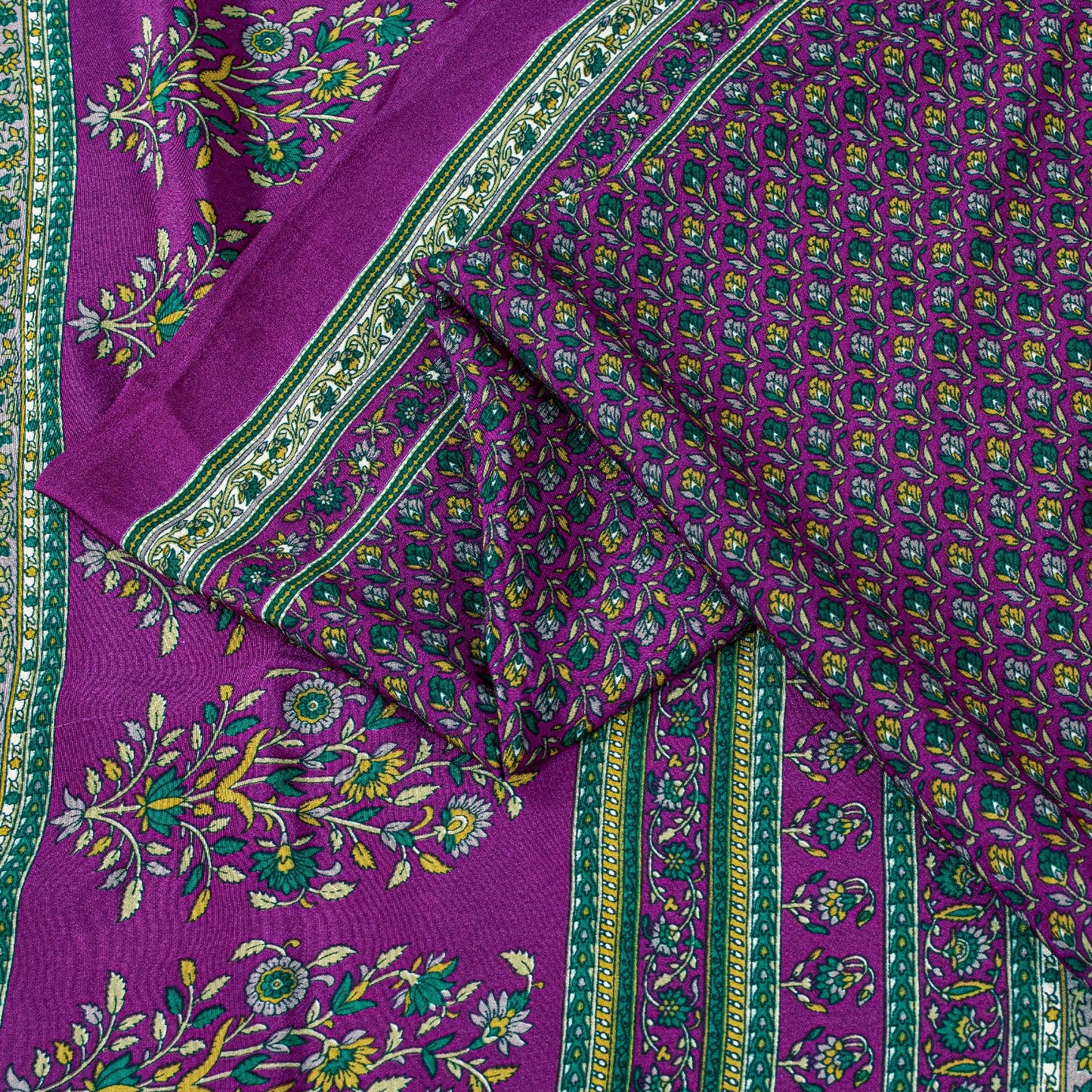 Sanskriti Vintage Craft Supplies Home Deco Purple Floral Printed Sari Moss Crepe