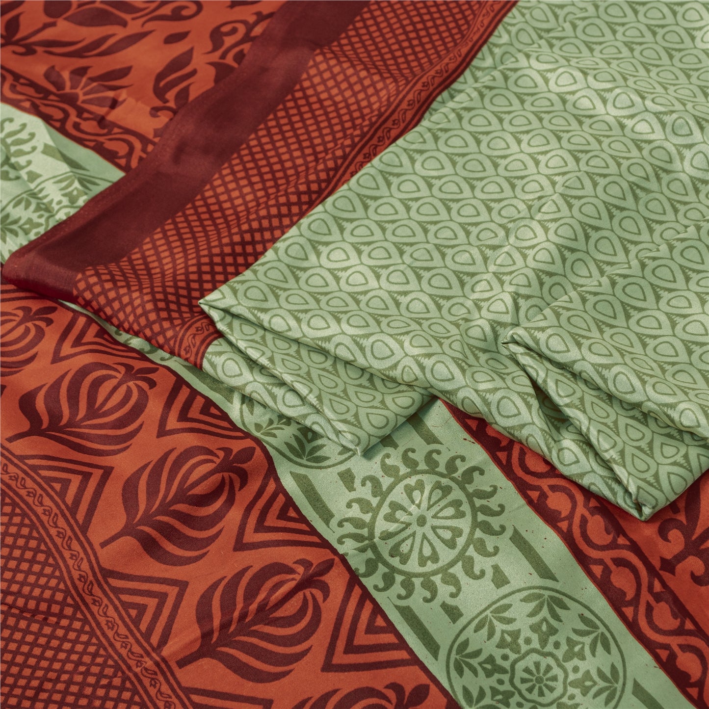 Sanskriti Vintage Sarees Pastel Green Moss Crepe Printed Sari 5 Yd Craft Fabric