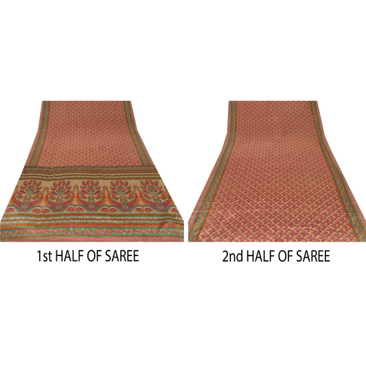 Sanskriti Vintage Cream Sarees Moss Crepe Printed Sari Decor 5 Yd Craft Fabric