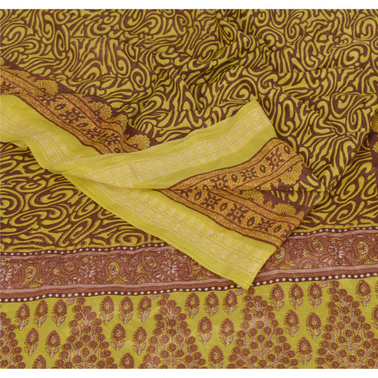 Sanskriti Vintage Green & Brown Sarees Moss Crepe Printed Sari Decor 5 Yd Craft Fabric