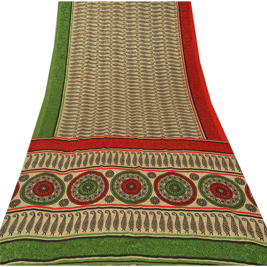 Sanskriti Vintage Cream Saree Moss Crepe Printed Sari Decor 5Yd Craft Fabric