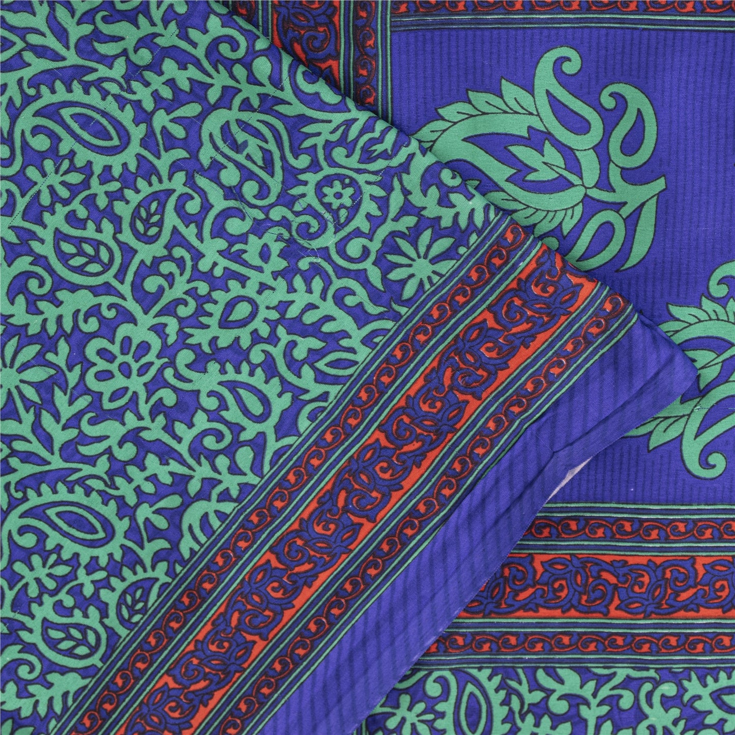 Sanskriti Vintage Blue & Green Sarees Moss Crepe Printed Sari Soft Craft Fabric