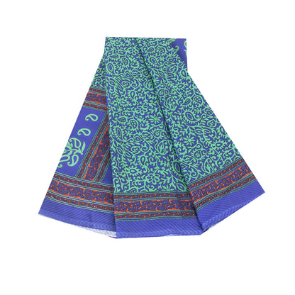 Sanskriti Vintage Blue & Green Sarees Moss Crepe Printed Sari Soft Craft Fabric