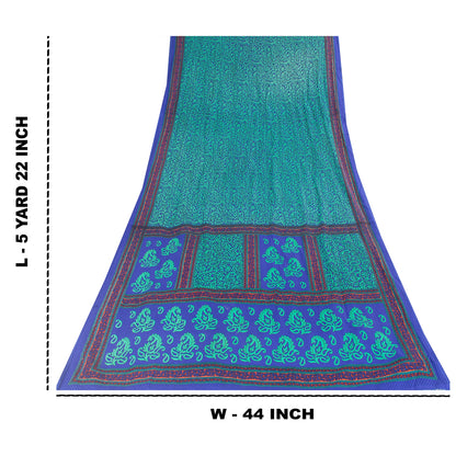 Sanskriti Vintage Blue & Green Sarees Moss Crepe Printed Sari Soft Craft Fabric