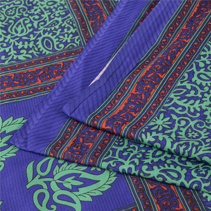 Sanskriti Vintage Blue & Green Sarees Moss Crepe Printed Sari Soft Craft Fabric