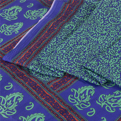 Sanskriti Vintage Blue & Green Sarees Moss Crepe Printed Sari Soft Craft Fabric