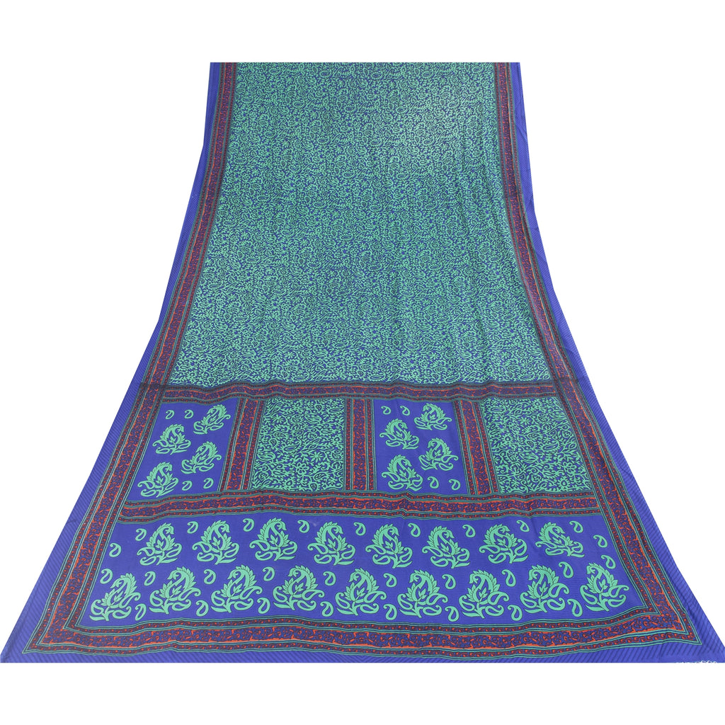 Sanskriti Vintage Blue & Green Sarees Moss Crepe Printed Sari Soft Craft Fabric