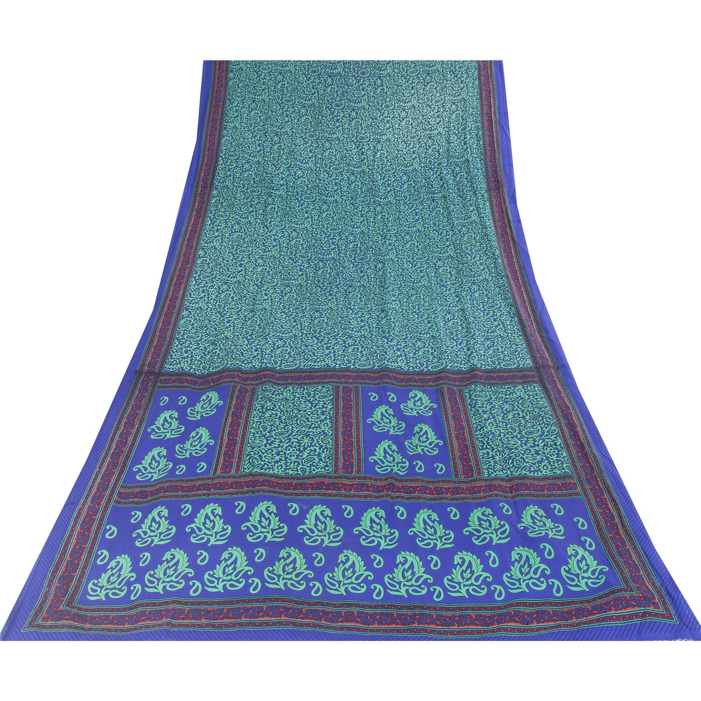 Sanskriti Vintage Blue & Green Sarees Moss Crepe Printed Sari Soft Craft Fabric