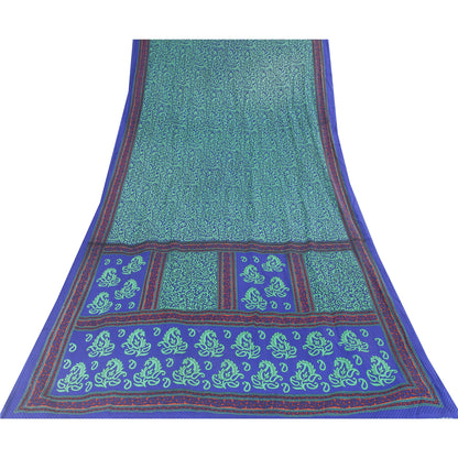 Sanskriti Vintage Blue & Green Sarees Moss Crepe Printed Sari Soft Craft Fabric