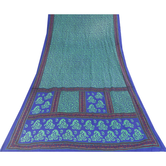 Sanskriti Vintage Blue & Green Sarees Moss Crepe Printed Sari Soft Craft Fabric
