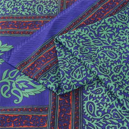 Sanskriti Vintage Blue & Green Sarees Moss Crepe Printed Sari Soft Craft Fabric