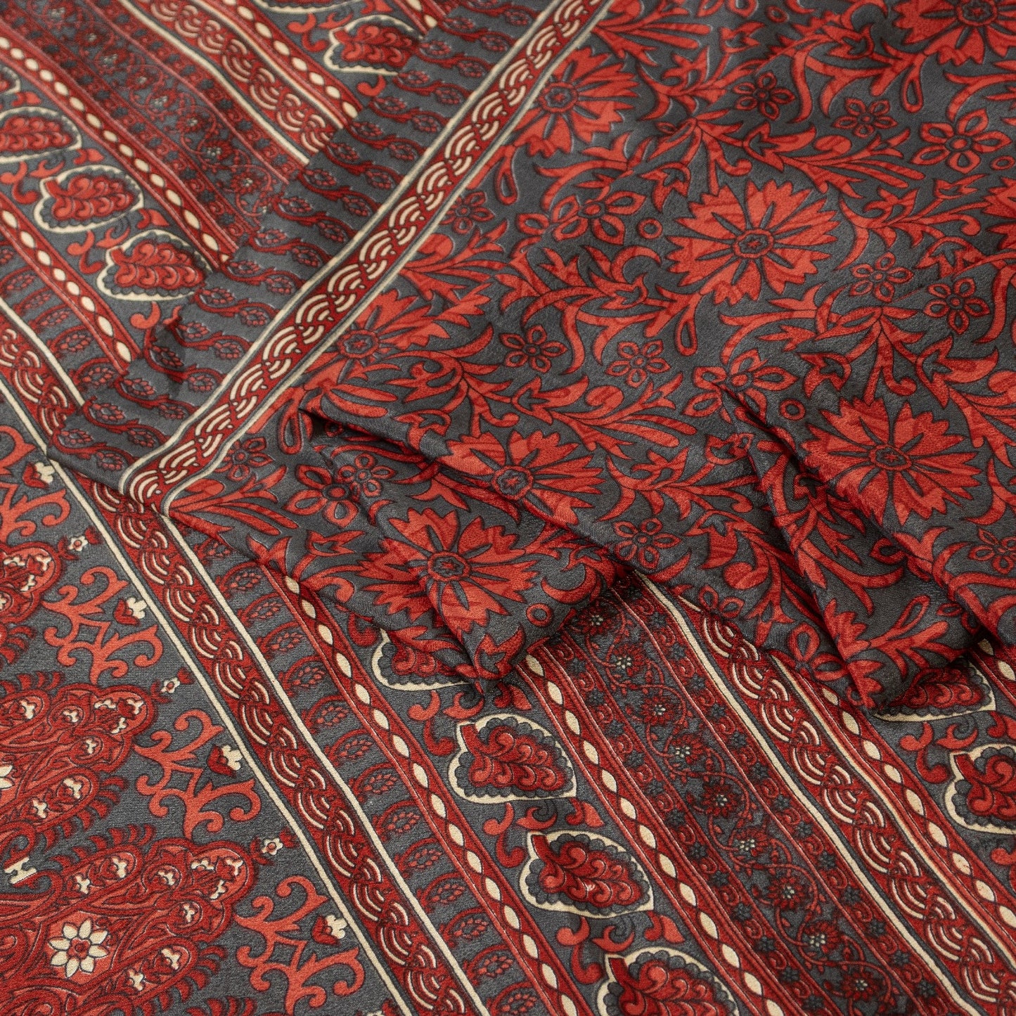 Sanskriti Vintage Red & Gray Saree Moss Crepe Floral Print 5+YD Sari Soft Fabric