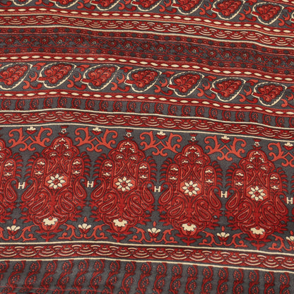 Sanskriti Vintage Red & Gray Saree Moss Crepe Floral Print 5+YD Sari Soft Fabric