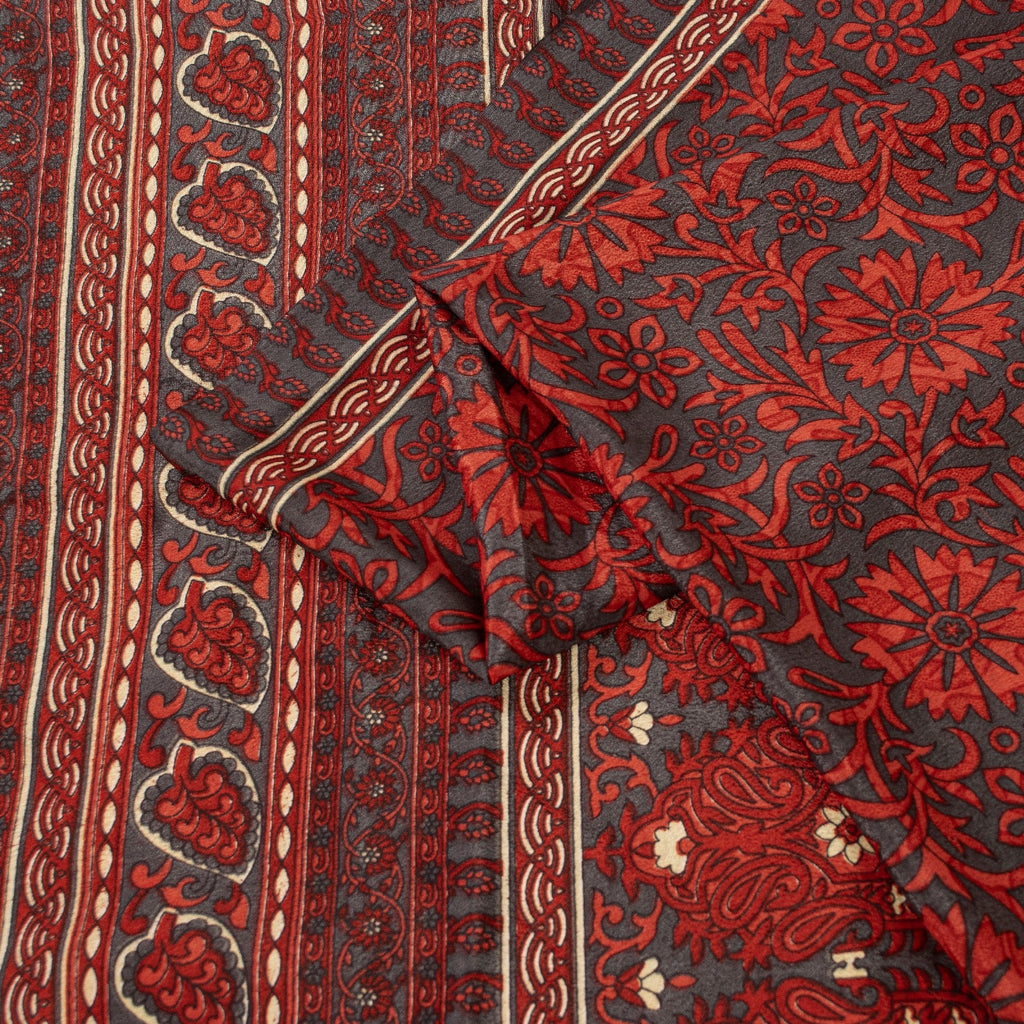 Sanskriti Vintage Red & Gray Saree Moss Crepe Floral Print 5+YD Sari Soft Fabric