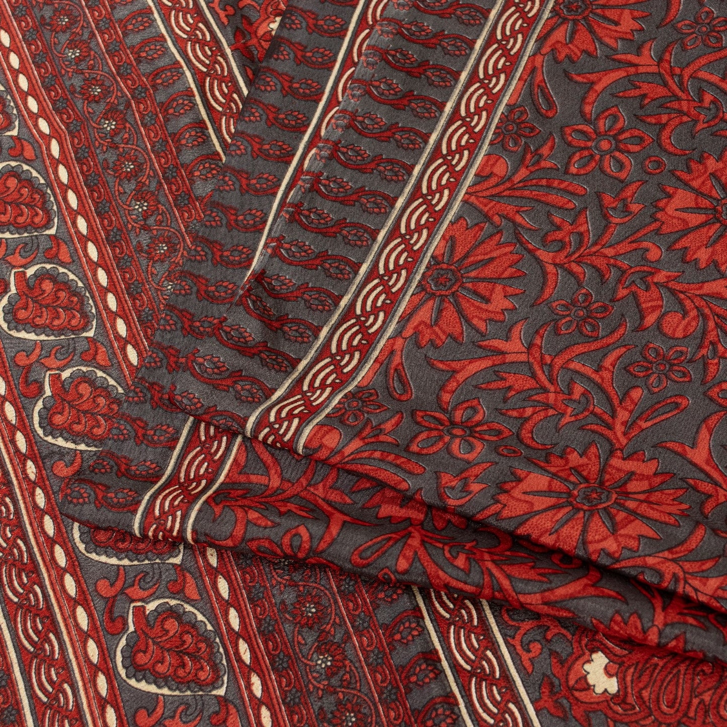 Sanskriti Vintage Red & Gray Saree Moss Crepe Floral Print 5+YD Sari Soft Fabric