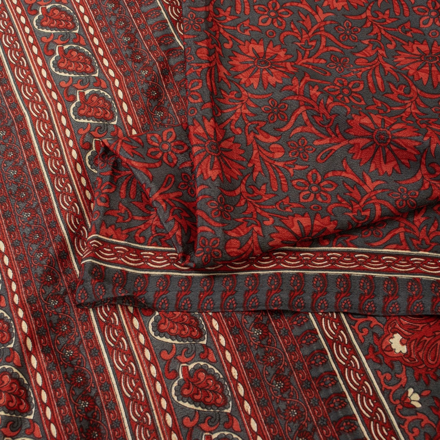 Sanskriti Vintage Red & Gray Saree Moss Crepe Floral Print 5+YD Sari Soft Fabric