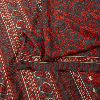 Sanskriti Vintage Red & Gray Saree Moss Crepe Floral Print 5+YD Sari Soft Fabric