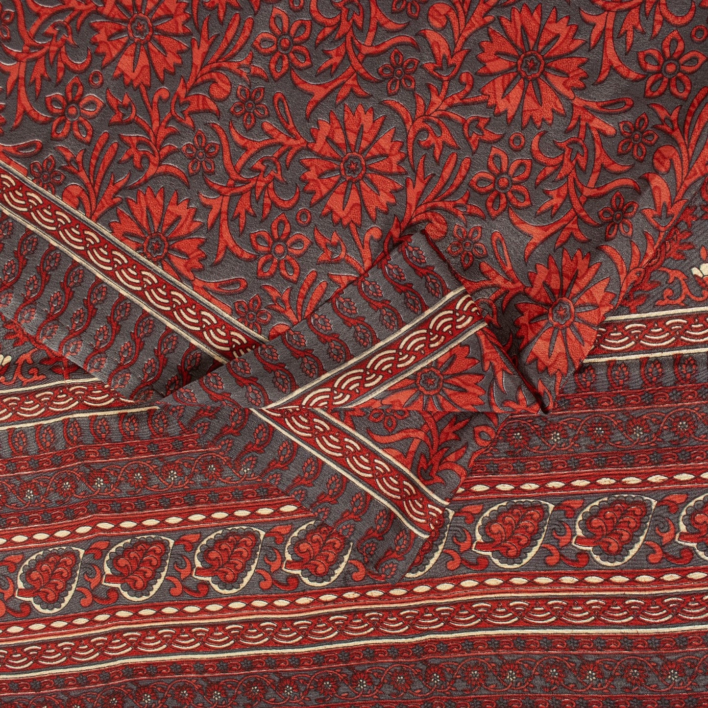 Sanskriti Vintage Red & Gray Saree Moss Crepe Floral Print 5+YD Sari Soft Fabric