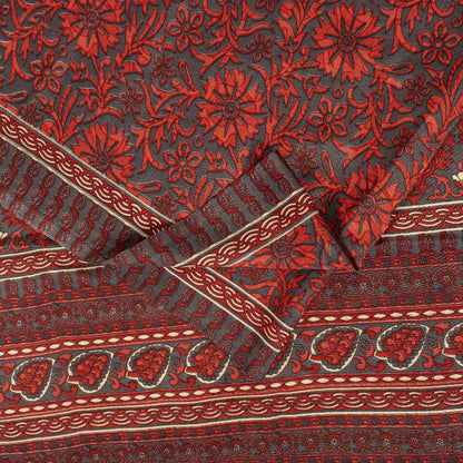 Sanskriti Vintage Red & Gray Saree Moss Crepe Floral Print 5+YD Sari Soft Fabric