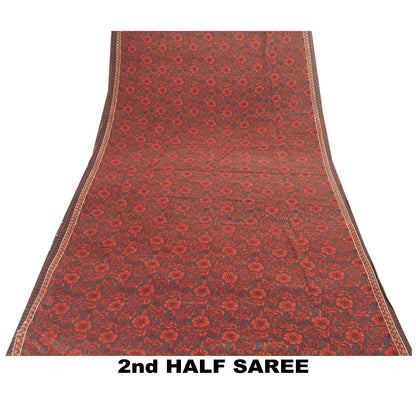 Sanskriti Vintage Red & Gray Saree Moss Crepe Floral Print 5+YD Sari Soft Fabric