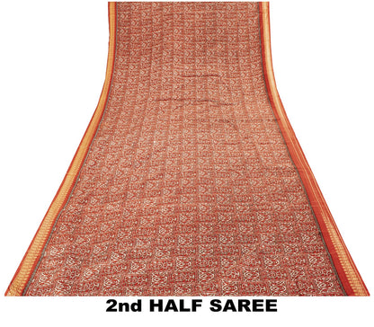 Sanskriti Vintage Red Moss Crepe Saree Paisley Printed Fabric 5 Yard Indian Sari