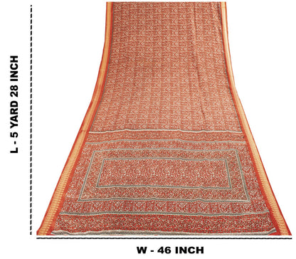 Sanskriti Vintage Red Moss Crepe Saree Paisley Printed Fabric 5 Yard Indian Sari