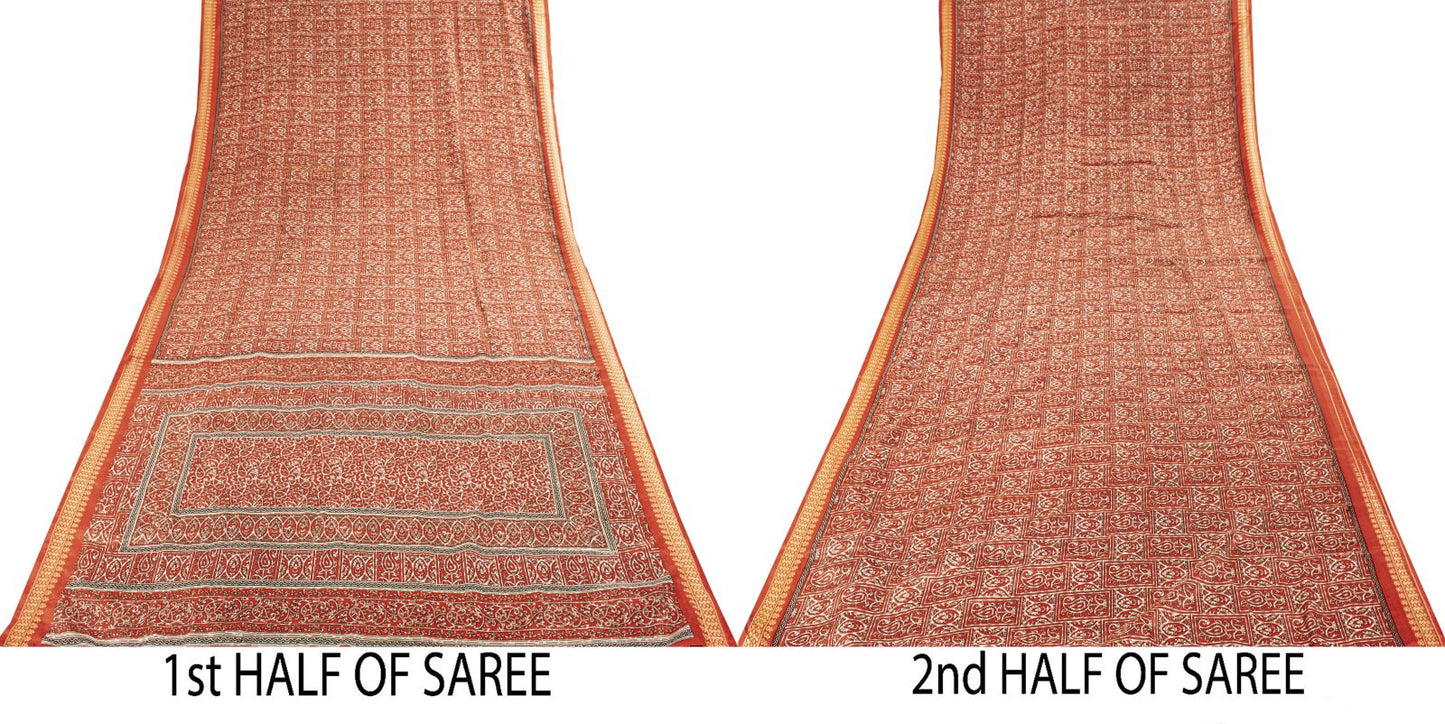 Sanskriti Vintage Red Moss Crepe Saree Paisley Printed Fabric 5 Yard Indian Sari