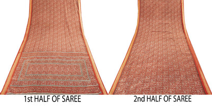 Sanskriti Vintage Red Moss Crepe Saree Paisley Printed Fabric 5 Yard Indian Sari