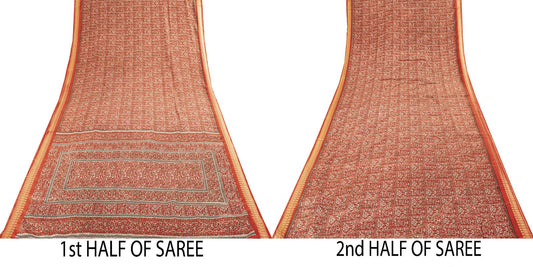 Sanskriti Vintage Red Moss Crepe Saree Paisley Printed Fabric 5 Yard Indian Sari