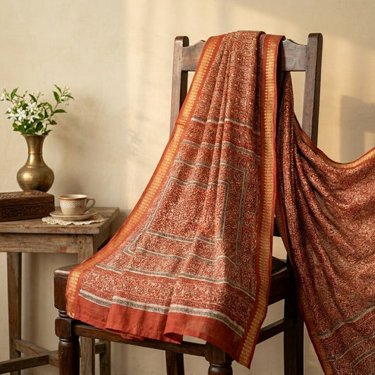 Sanskriti Vintage Red Moss Crepe Saree Paisley Printed Fabric 5 Yard Indian Sari