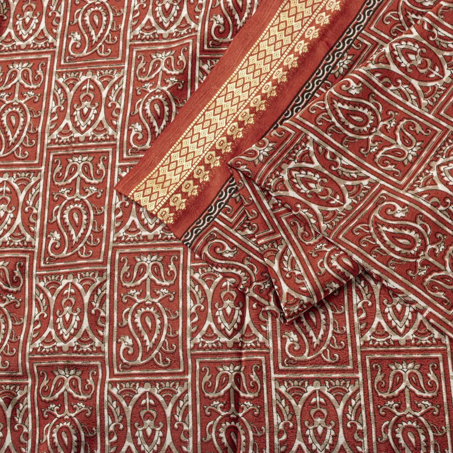Sanskriti Vintage Red Moss Crepe Saree Paisley Printed Fabric 5 Yard Indian Sari