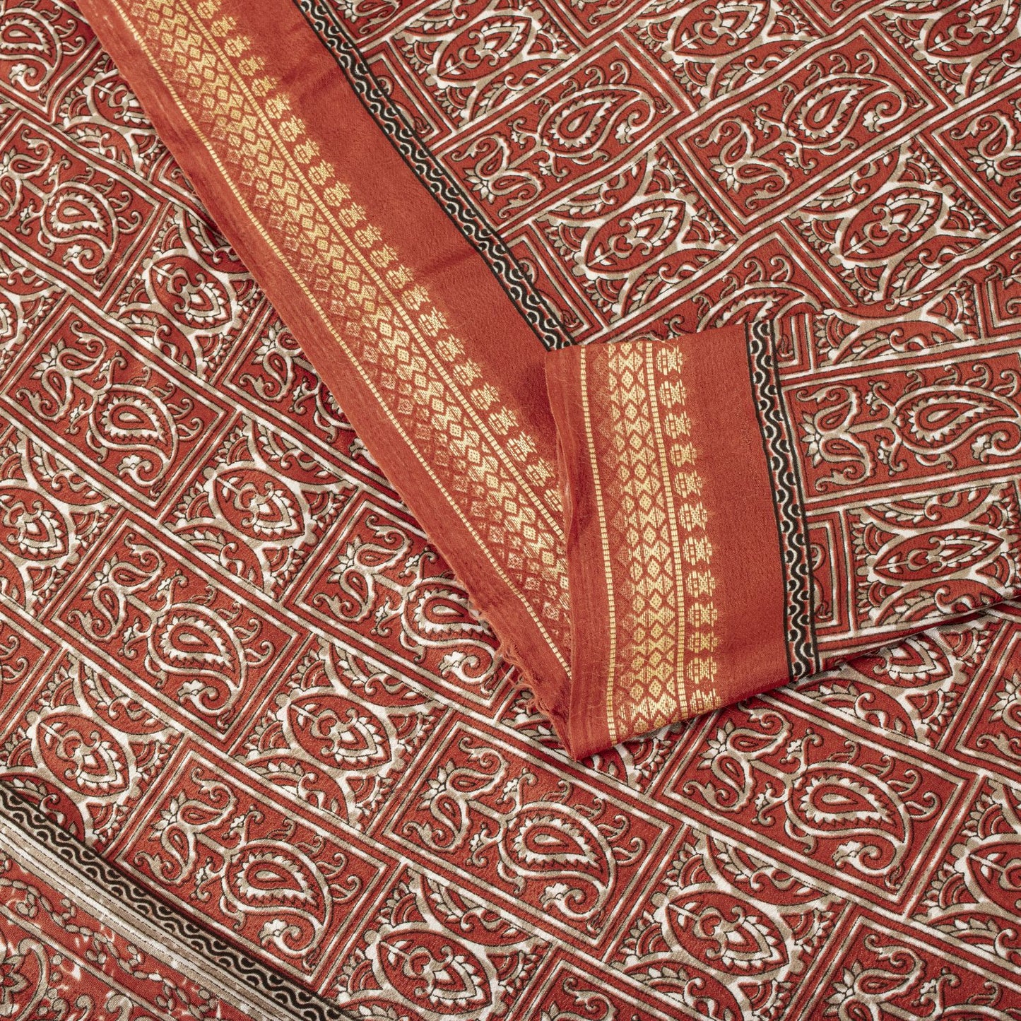 Sanskriti Vintage Red Moss Crepe Saree Paisley Printed Fabric 5 Yard Indian Sari