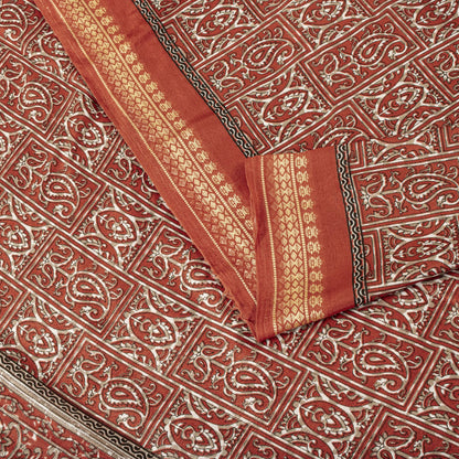 Sanskriti Vintage Red Moss Crepe Saree Paisley Printed Fabric 5 Yard Indian Sari
