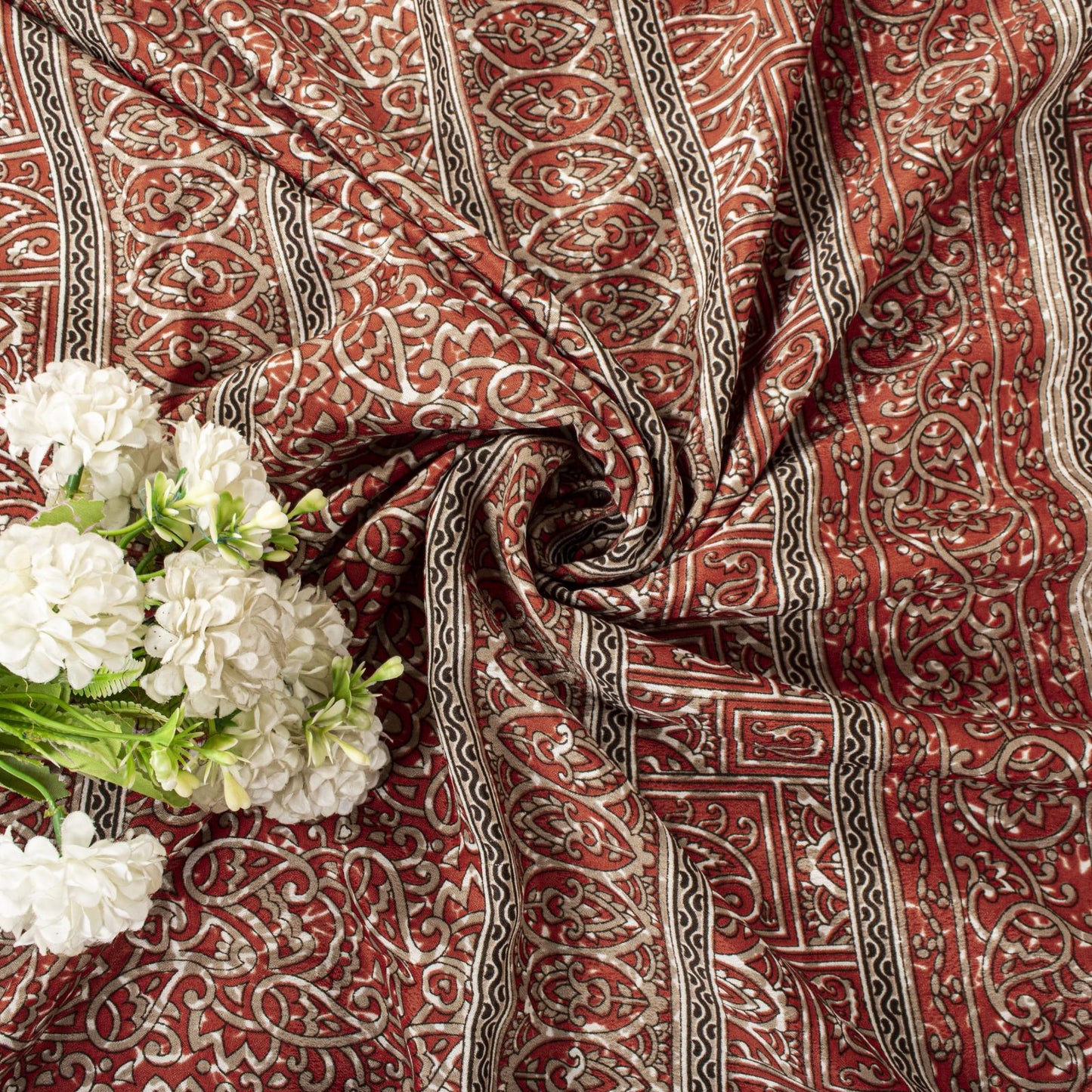 Sanskriti Vintage Red Moss Crepe Saree Paisley Printed Fabric 5 Yard Indian Sari