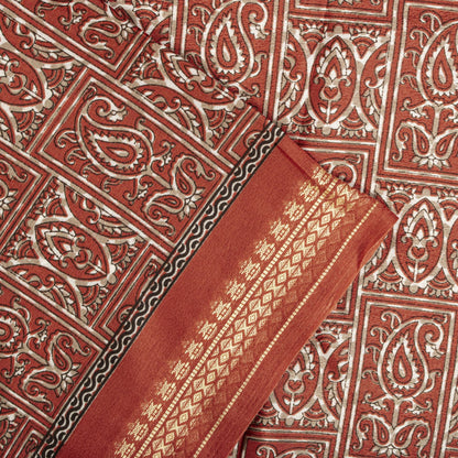 Sanskriti Vintage Red Moss Crepe Saree Paisley Printed Fabric 5 Yard Indian Sari