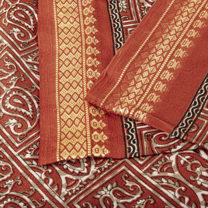Sanskriti Vintage Red Moss Crepe Saree Paisley Printed Fabric 5 Yard Indian Sari