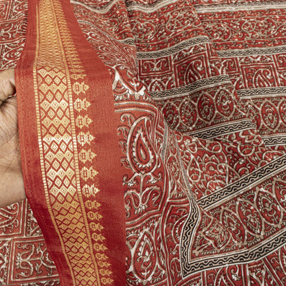 Sanskriti Vintage Red Moss Crepe Saree Paisley Printed Fabric 5 Yard Indian Sari