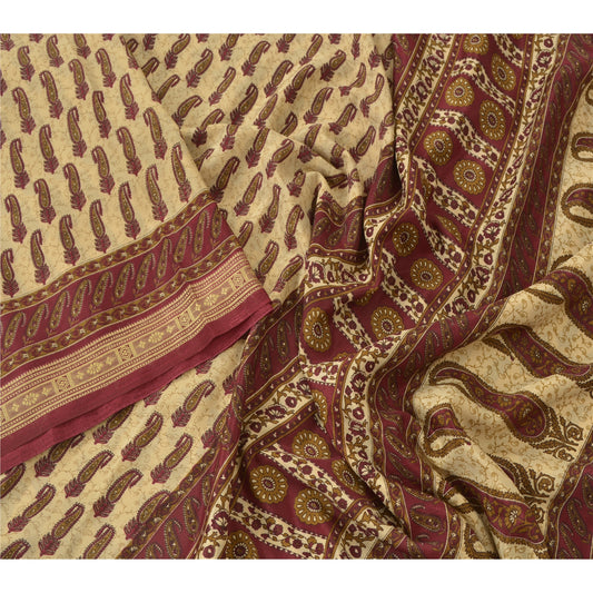 Sanskriti Vintage Cream Sarees Moss Crepe Printed Sari 5 Yard Craft Decor Fabric