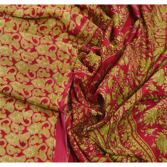Sanskriti Vintage Sari Moss Crepe Red Sarees Paisley Printed 5 Yard Craft Fabric Floral Design- Dresses, Kaftans, Skirts, Projects