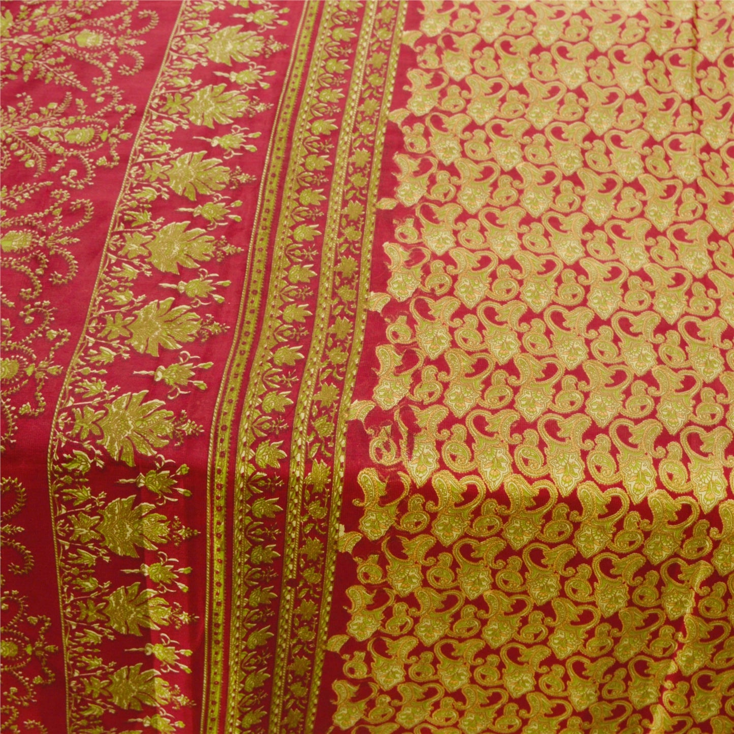 Sanskriti Vintage Red Sarees Moss Crepe Paisley Printed Craft Fabric 5 Yard Sari